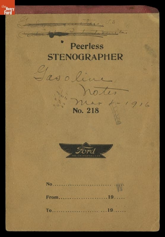 Notebook, Henry Ford and Son Laboratories Alcohol Fuel Research, "Gasoline Notes," 1916
