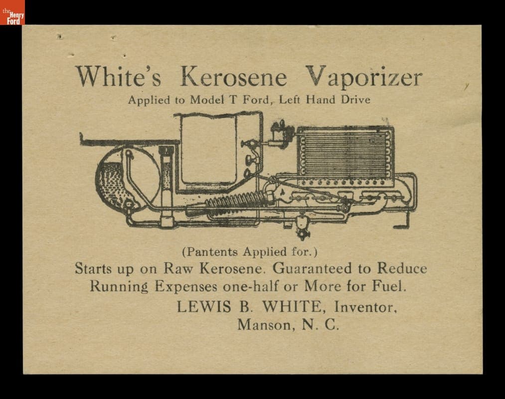 Card for "White's Kerosene Vaporizer, Applied to Model T Ford," 1916-1917