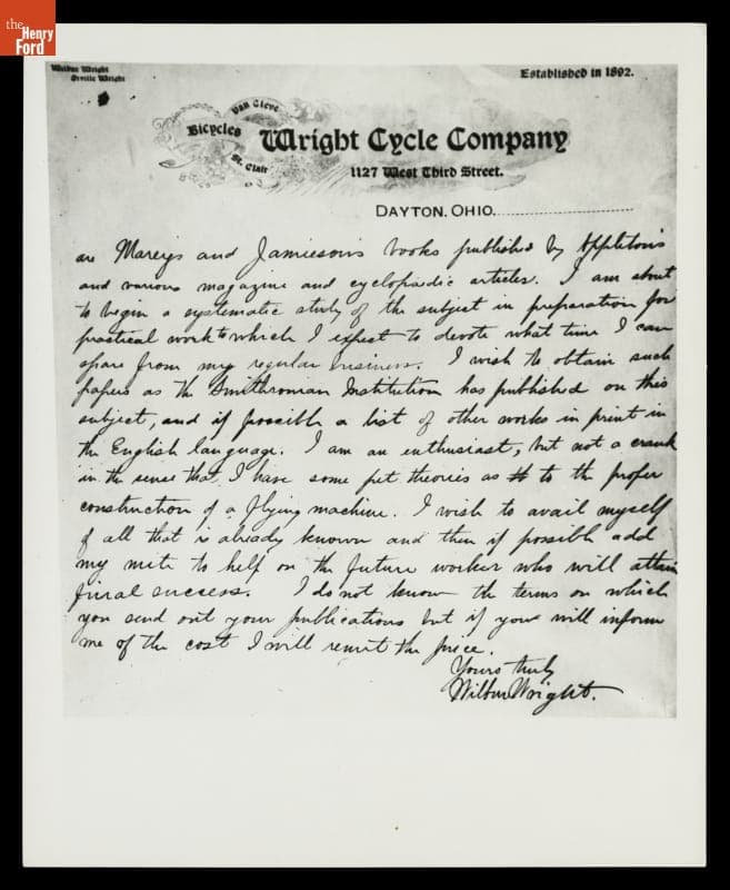 Second Page of a Letter From Wilbur Wright to the Smithsonian Institution, May 30, 1899