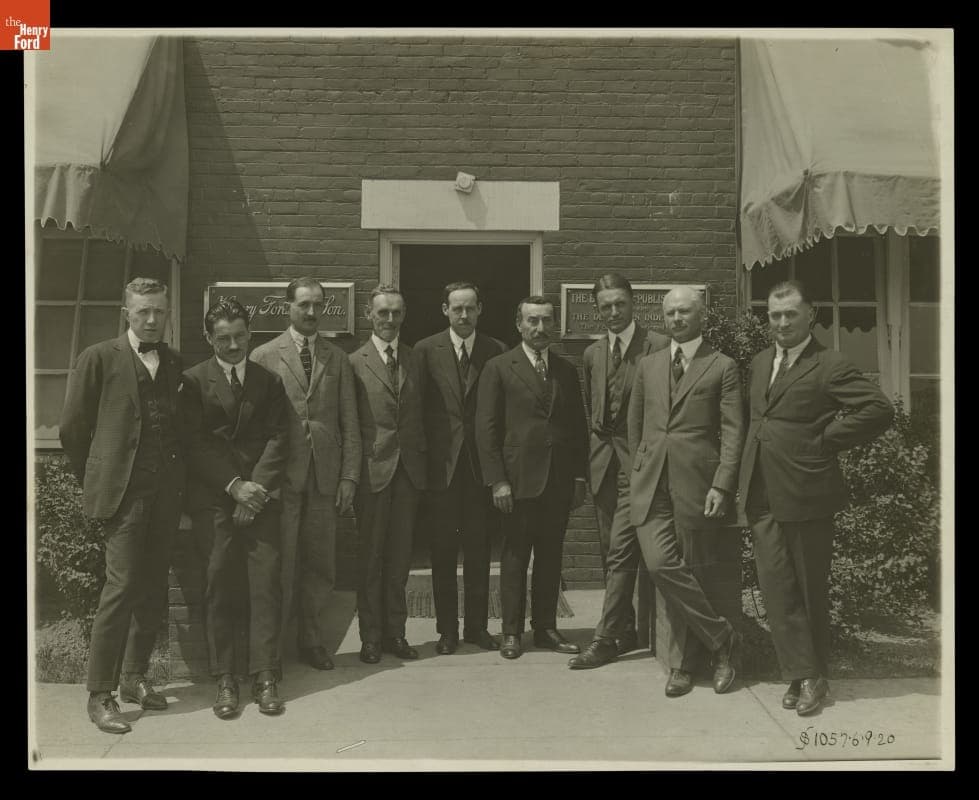 Visiting Auto Racing Enthusiasts Pose with Ford Executives at the Henry Ford & Son Tractor Plant, 1920