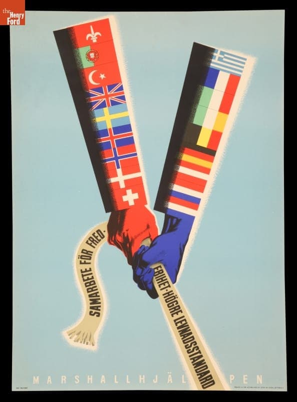 European Recovery Program Poster, "Samarbete for Fred-Friehet, Hogre Levnadsstandard, Marshalljalpen," circa 1950