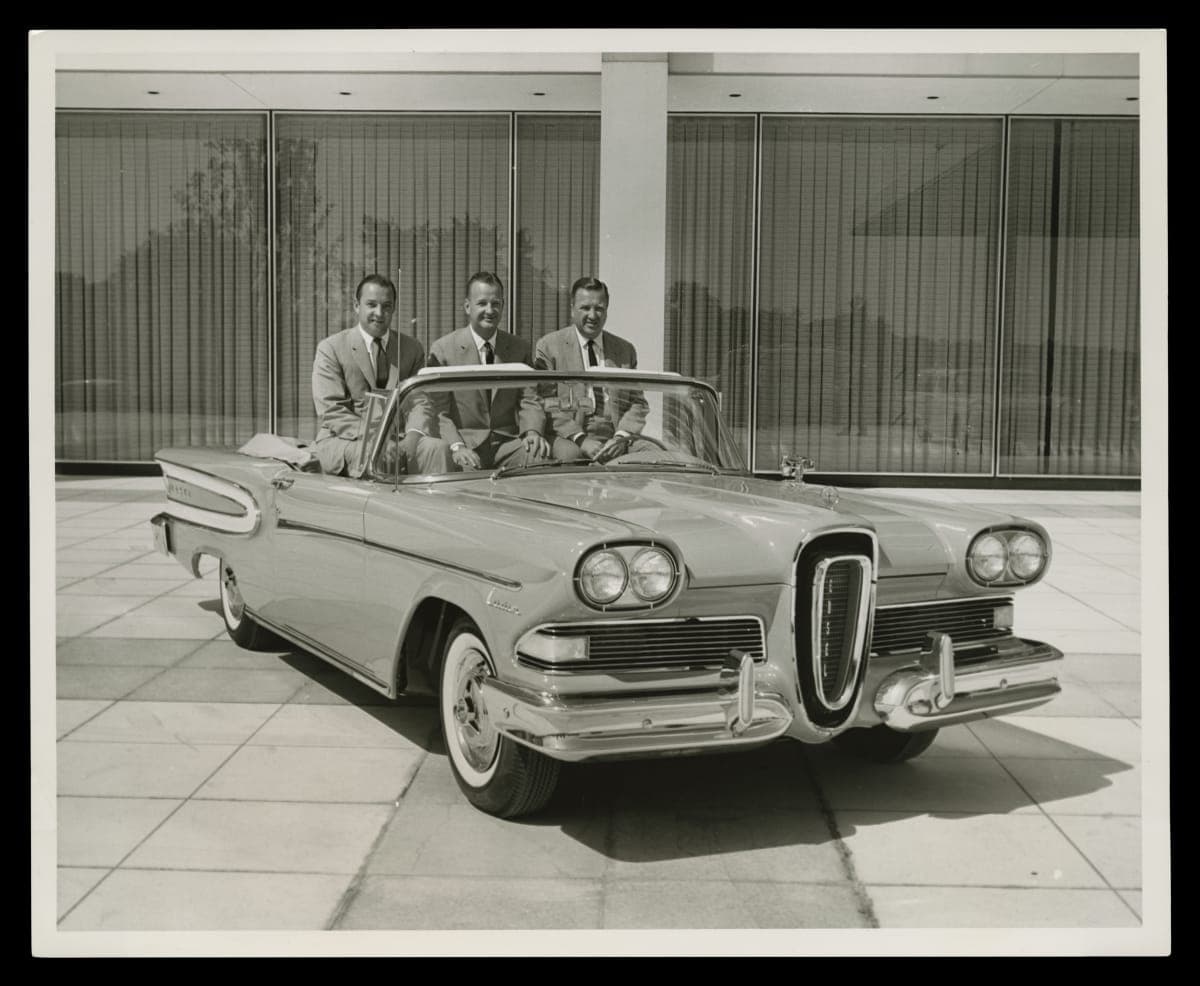 William Clay Ford, Benson Ford, and Henry Ford II in a 1958 Edsel Citation Automobile, August 1957