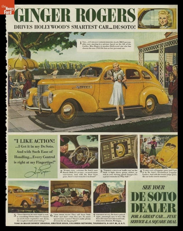1938 Chrysler De Soto Advertisement, "Ginger Rogers Drives Hollywood's Smartest Car--De Soto!"