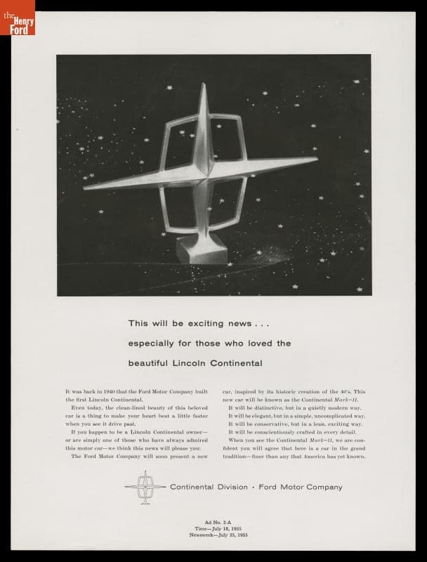 1956 Continental Mark II Advertisement, "This Will Be Exciting News Especially for Those Who Loved the Beautiful Lincoln Continental"