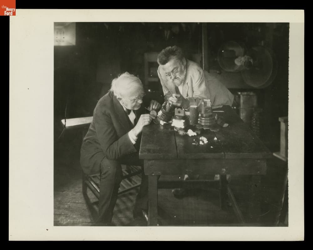 Thomas Edison and Charles Steinmetz Examining Porcelain Insulators Destroyed by Artificial Lightning, General Electric Research Laboratory, 1922