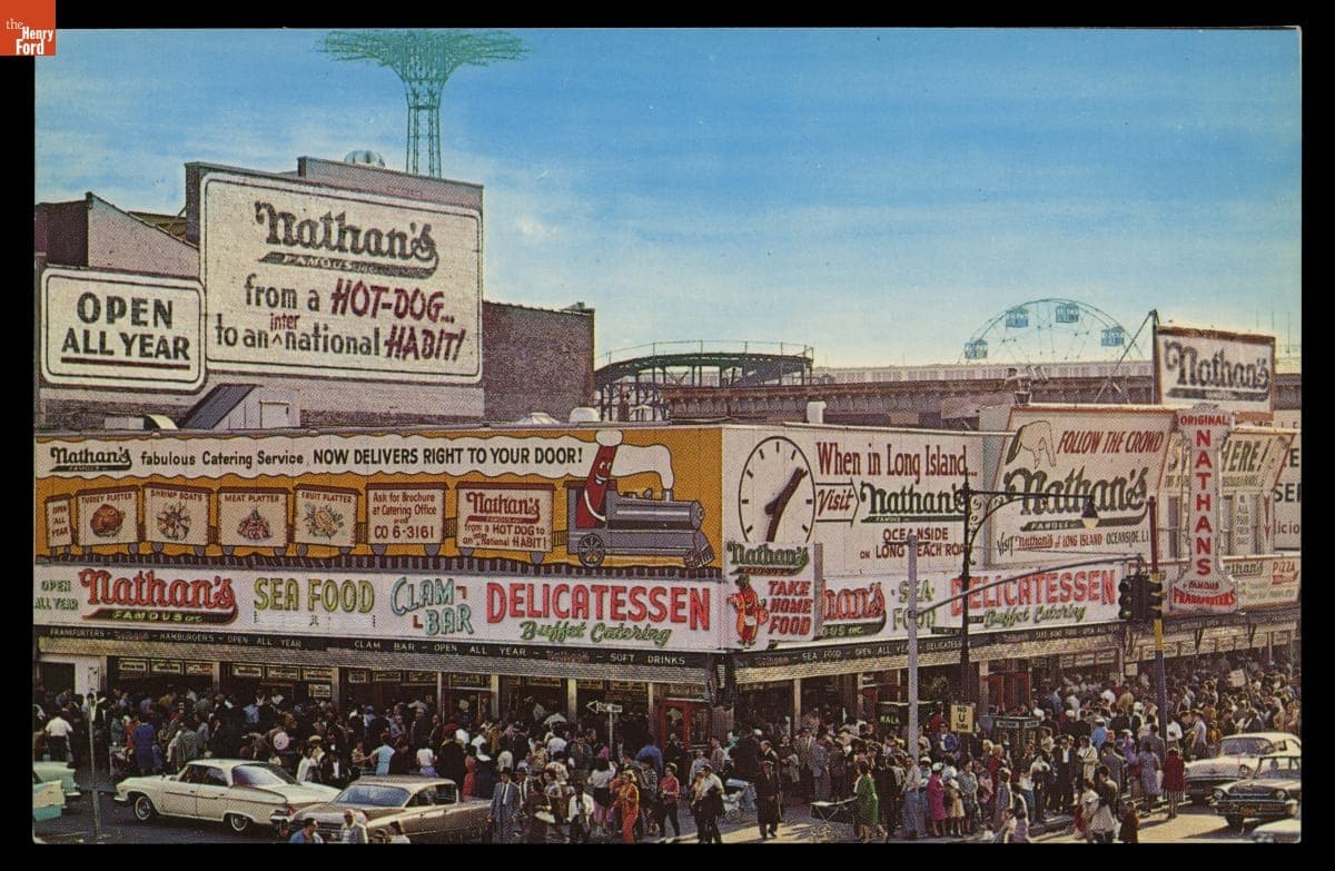 Nathan's, the 'World's Largest Hot Dog Stand' at Coney Island, New York, about 1963