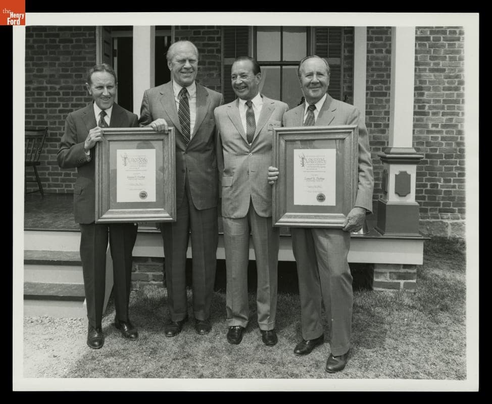 Raymond Firestone, Gerald Ford, William Clay Ford, and Leonard Firestone at the Firestone Farm Dedication, 1985