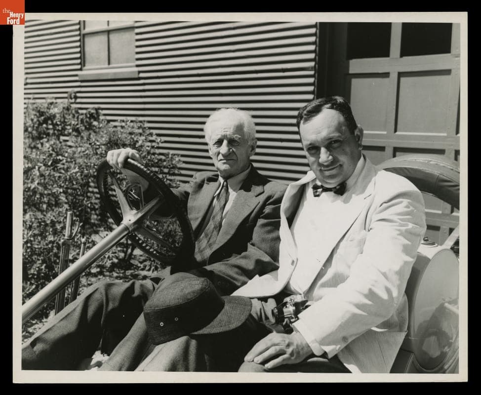 Finley R. Porter and Ralph Stein in 1911 Mercer Raceabout at Long Island Automotive Museum, Southampton, New York, July 1952