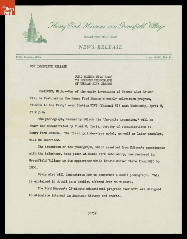 "Ford Museum WTVS Show to Feature Phonograph of Thomas Alva Edison," 1959