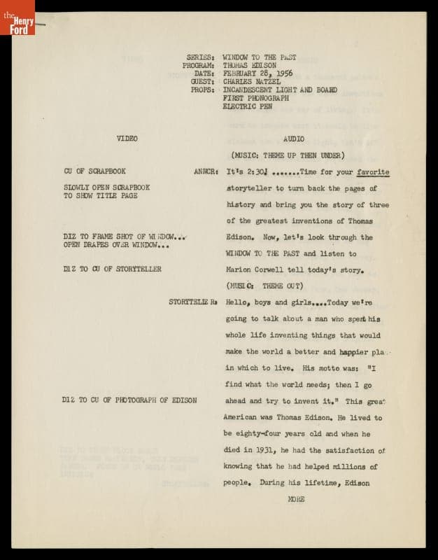 Script for "Window to the Past" Television Show Filmed in Menlo Park Laboratory, Greenfield Village, February 28, 1956
