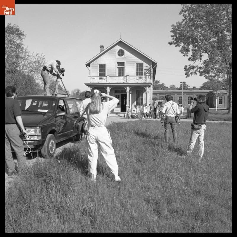 Filming ABC-TV's World of Discovery outside Menlo Park Laboratory in Greenfield Village, May 22, 1989