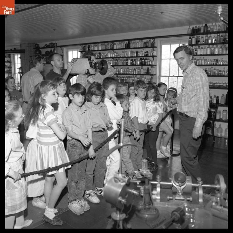 Filming ABC-TV's World of Discovery at Menlo Park Laboratory in Greenfield Village, May 22, 1989
