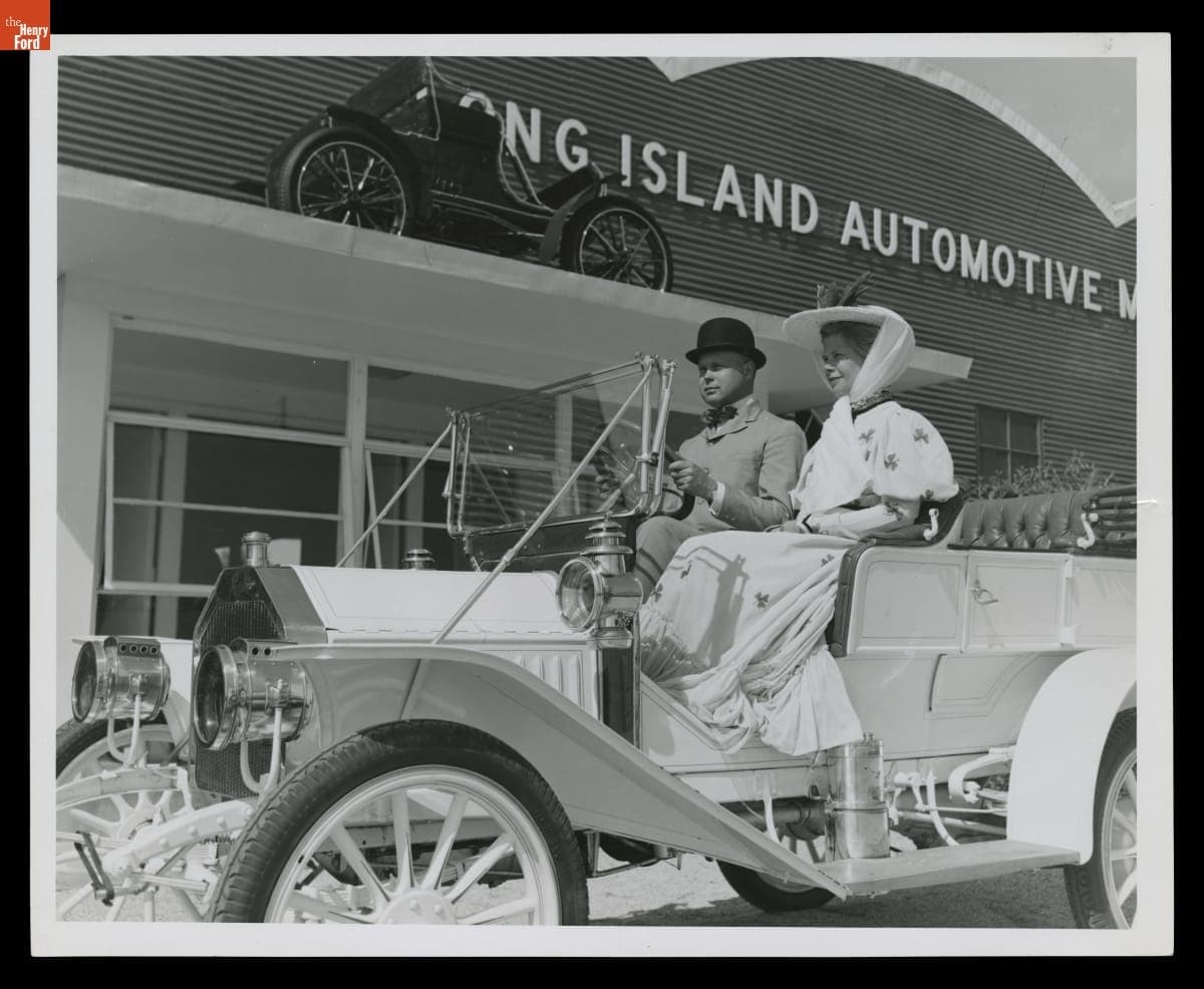 Mr. & Mrs. Henry Austin Clark, Jr. in 1910 Buick Model 10 at Long Island Automotive Museum, June 29, 1956