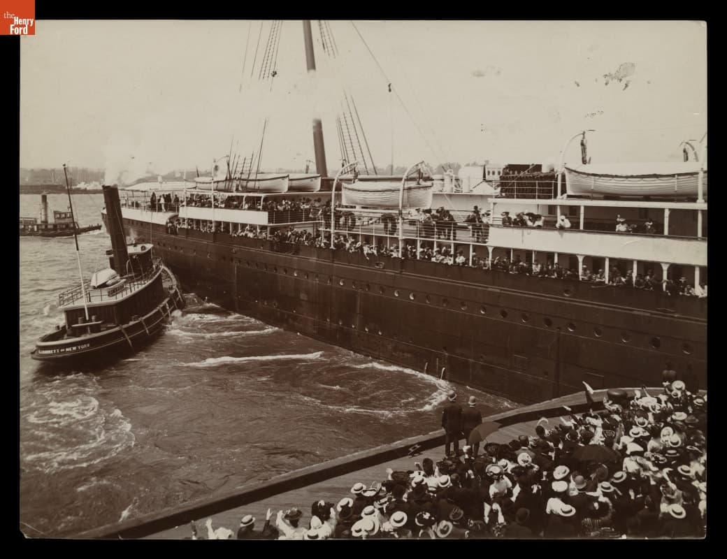 "Farewells," Tugboat Pushing Off White Star Line Ocean Liner SS Majestic, circa 1903