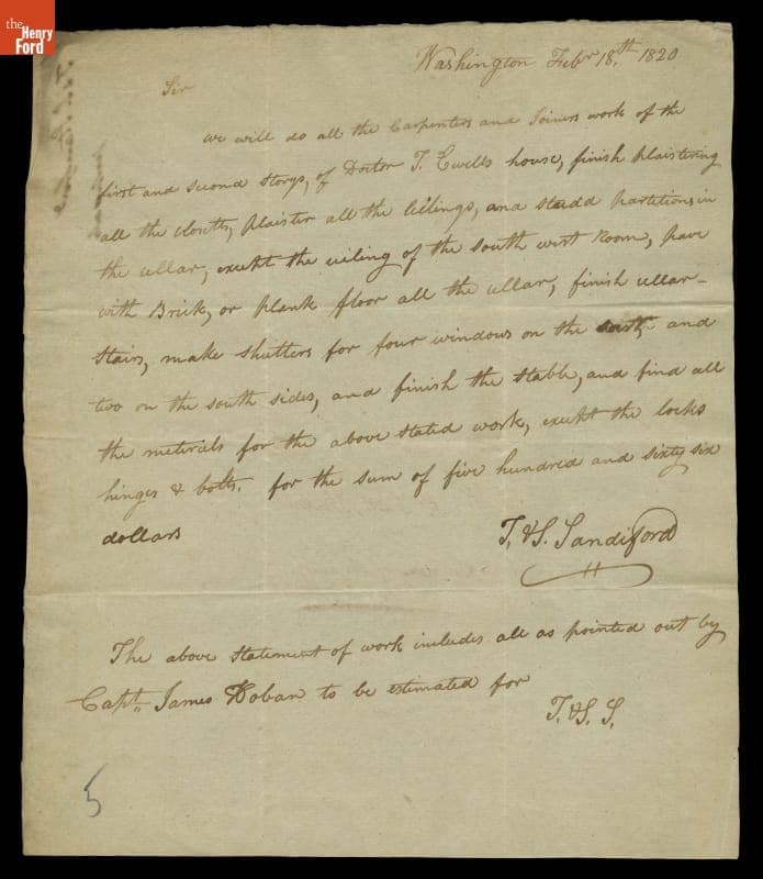 Estimate of Work from Carpenter Thomas H. Sandiford to Smith Thompson, U.S. Secretary of Navy, 1820