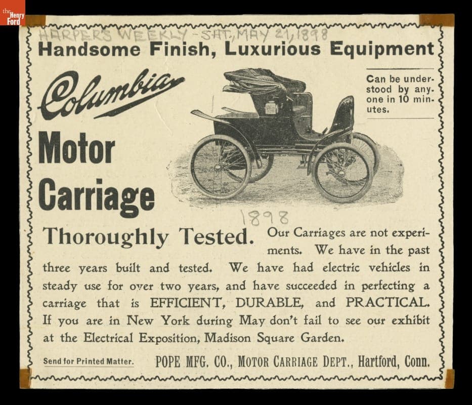Advertisement for Pope Manufacturing Company's Columbia Motor Carriage, 1898