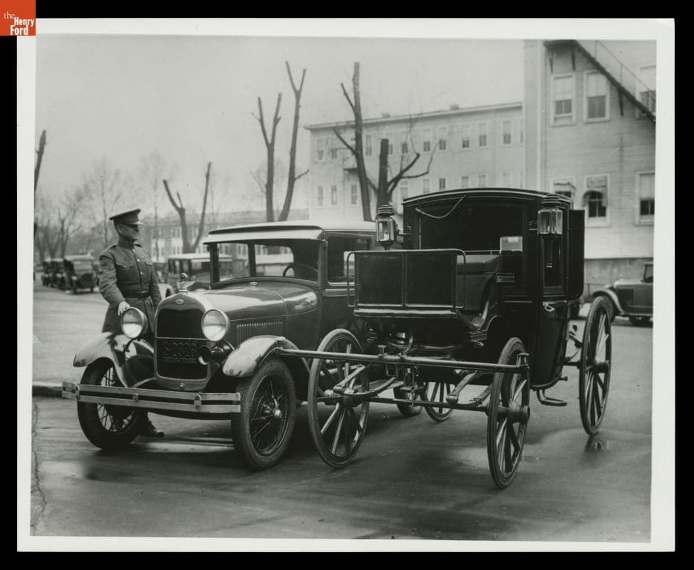 Model A Ford Parked Beside President Theodore Roosevelt's Brougham, 1928