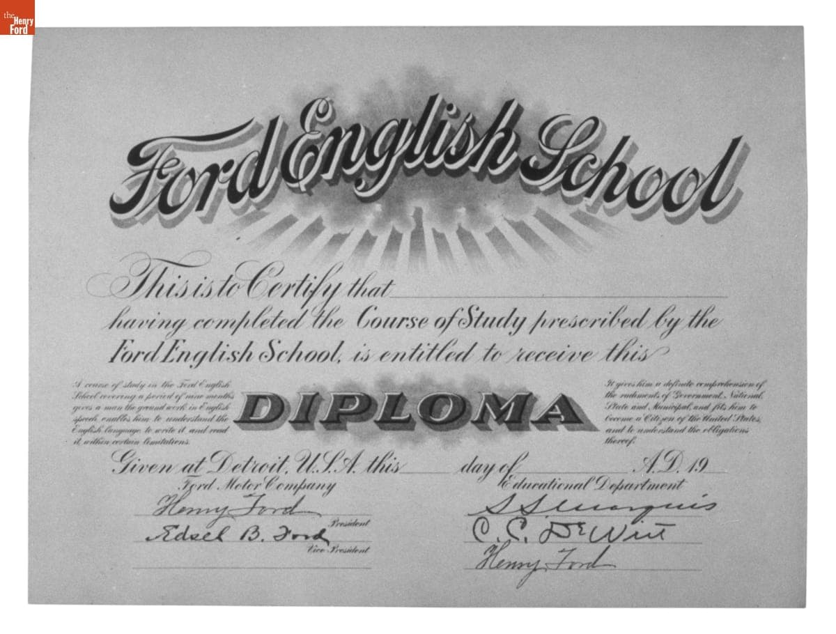 Ford English School Diploma, circa 1920