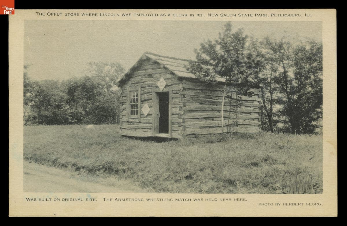 "The Offut Store Where Lincoln Was Employed as a Clerk," New Salem State Park, Petersburg, Ill., circa 1920 Postcard