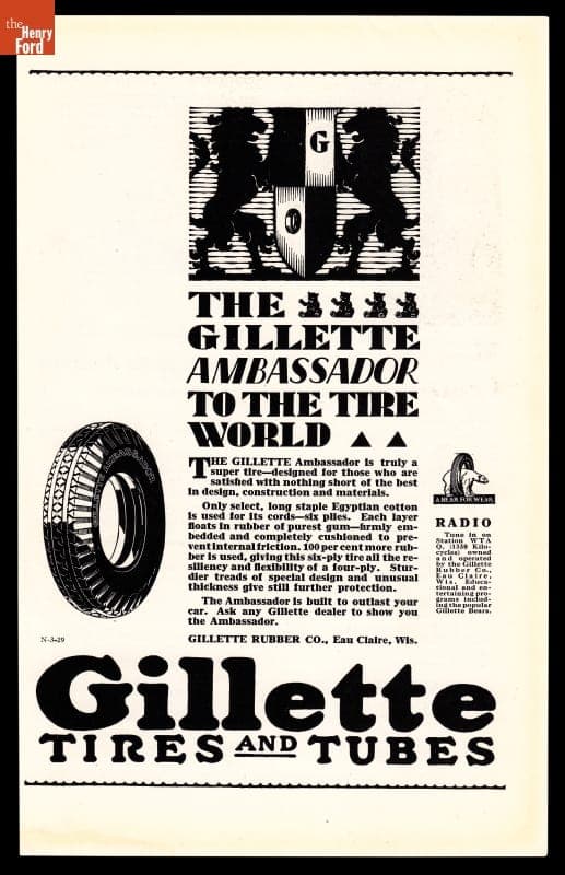 Gillette Tires Advertisement, "The Gillette Ambassador to the Tire World," July 1929