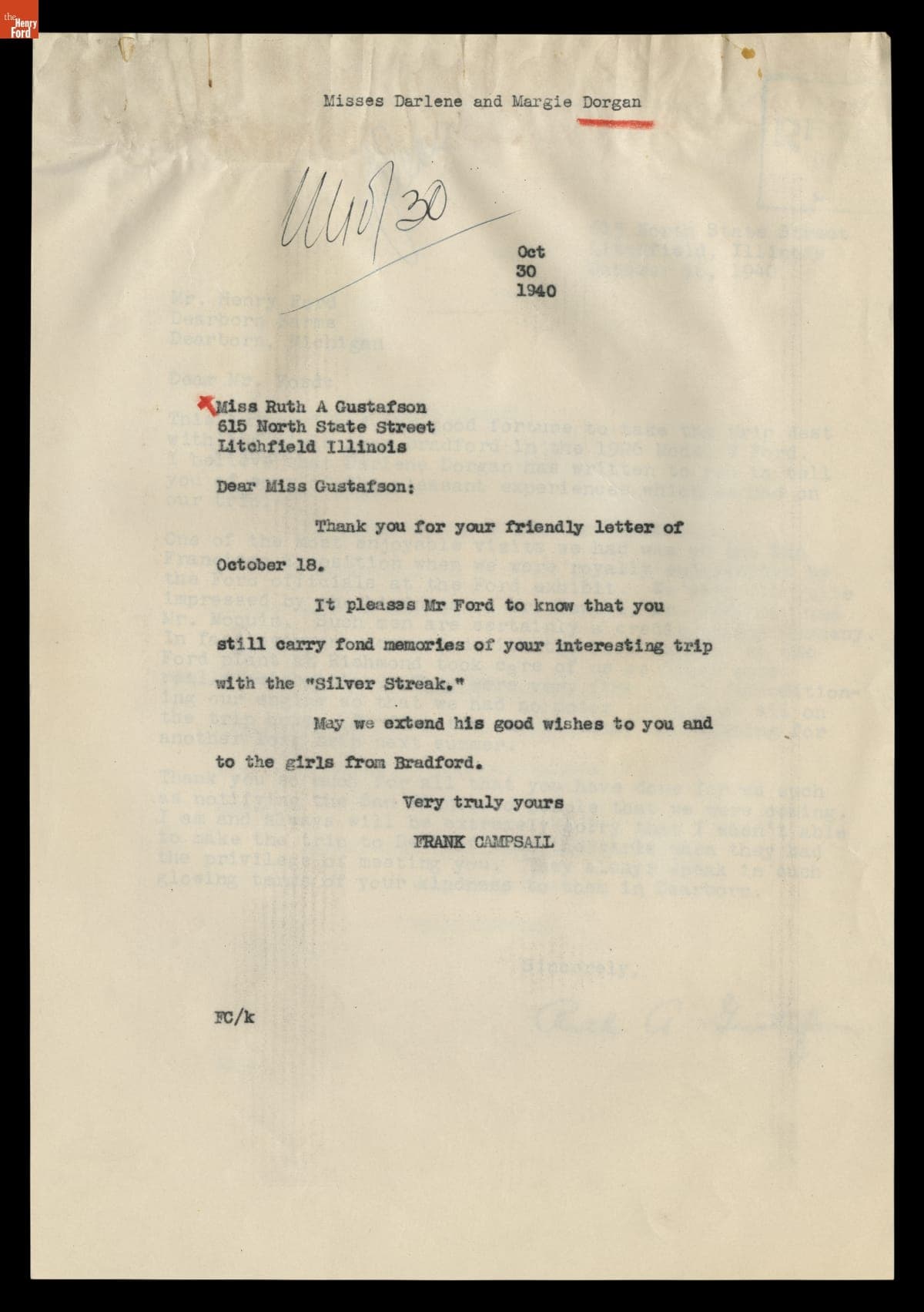 Correspondence between the Bradford, Illinois "Girls in the Model T" and the Office of Henry Ford, 1940