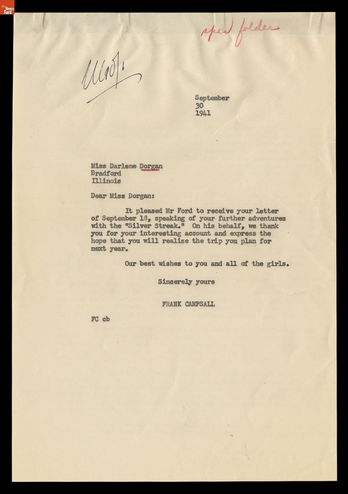 Correspondence between Darlene Dorgan and the Office of Henry Ford, September 1941