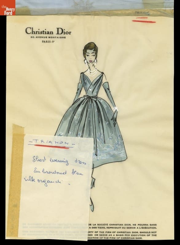 Christian Dior Fashion Design Drawing with Fabric Swatches, "Trianon," 1956