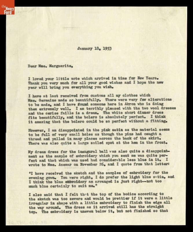 Letter from Elizabeth Parke Firestone to Marguerite Carre (for Dior), January 18, 1953