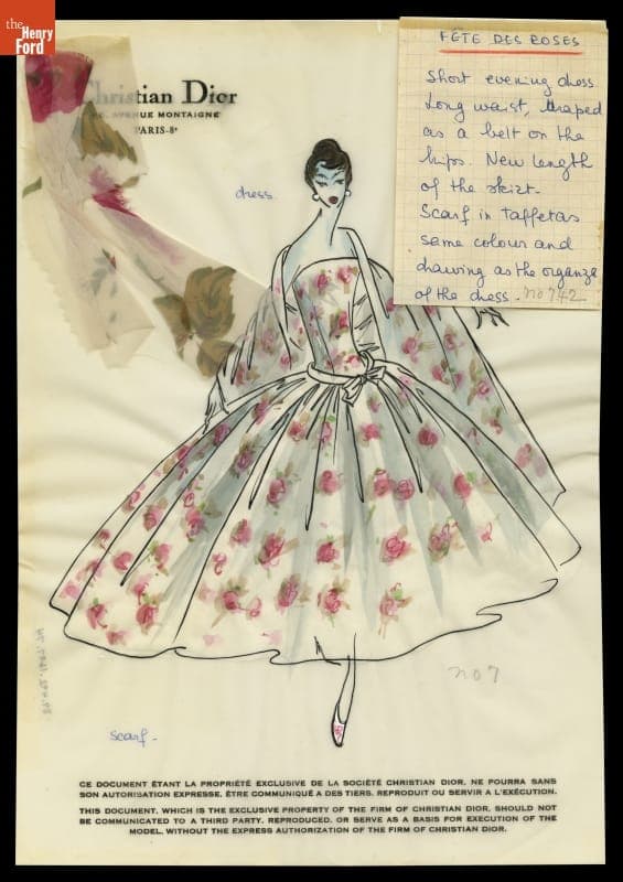 Christian Dior Fashion Design Drawing with Fabric Swatches, "Fete des Roses," 1957
