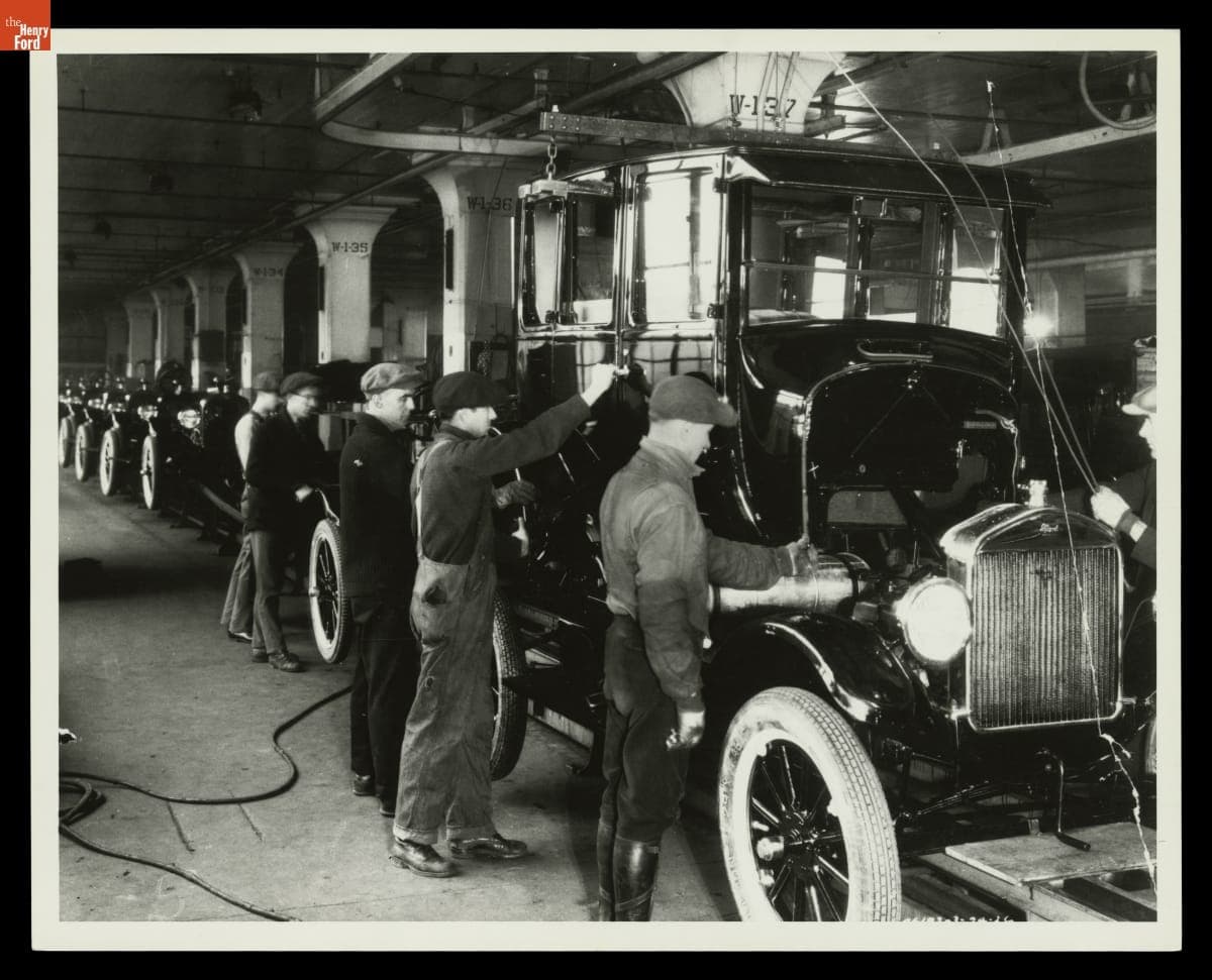 Ford Model T Assembly Line, Body Drop onto Chassis, Highland Park Plant, 1926