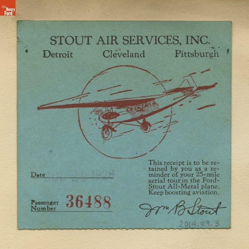 Souvenir Receipt from a 25-Mile Aerial Tour in the Ford-Stout All-Metal Plane, circa 1928