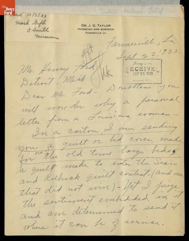 Correspondence Regarding Zemma Taylor's "American Pride" Quilt Donation, 1933