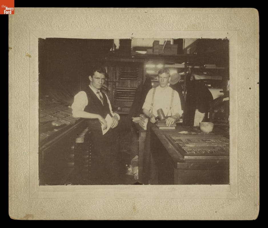Workers inside a Printing Office with Typesetting Equipment, circa 1910