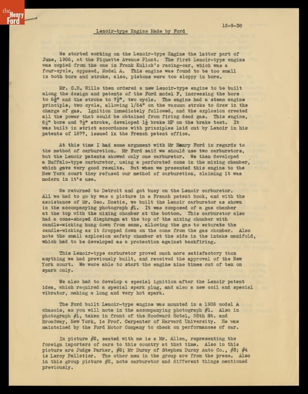 Memoir, "Lenoir-type Engine Made by Ford," December 9, 1938