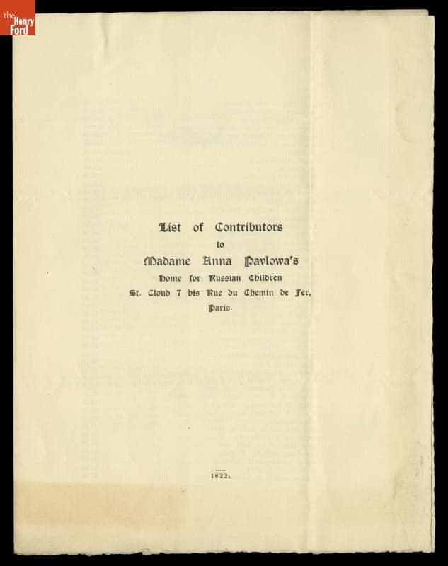 List of Contributors to Madame Anna Pavlowa's Home for Russian Children, Paris, France, 1922