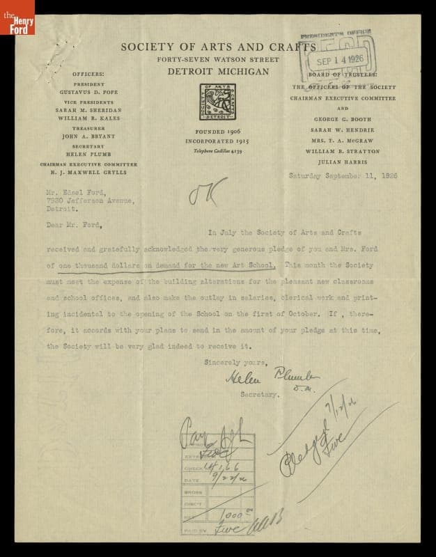 Letter from Helen Plumb, Society of Arts and Crafts, to Edsel Ford, September 11, 1926
