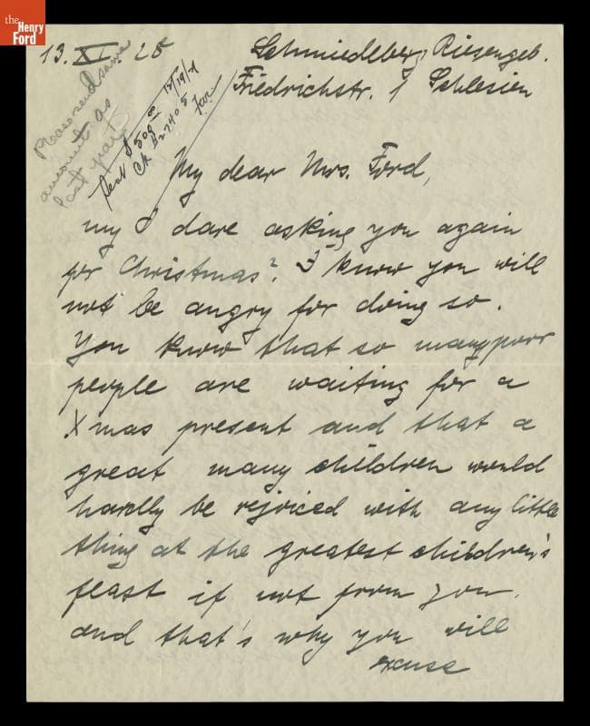 Letter from Hedwig Einert regarding a Donation for Christmas Gifts for the Poor, November 13, 1928