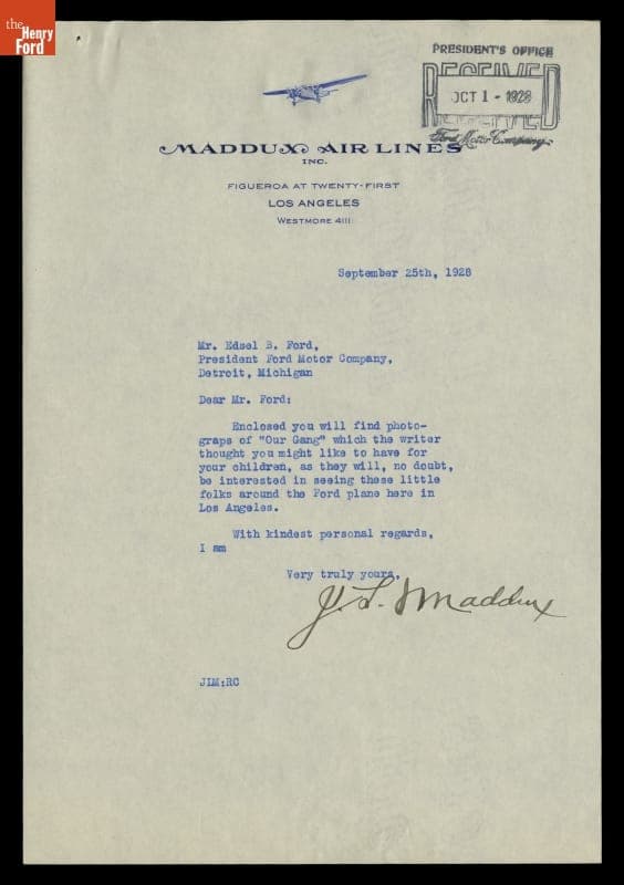 Letter from J. L. Maddux to Edsel Ford, Sending Photos of "Our Gang" Actors, 1928