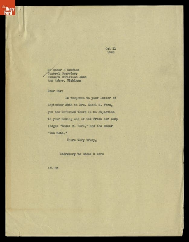 Letter from A. J. Lepine (for Edsel Ford) to Homer Grafton regarding University of Michigan Fresh Air Camps, October 11, 1928
