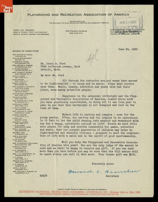 Letter to Edsel Ford Requesting a Donation to the Playground and Recreation Association of America, 1929