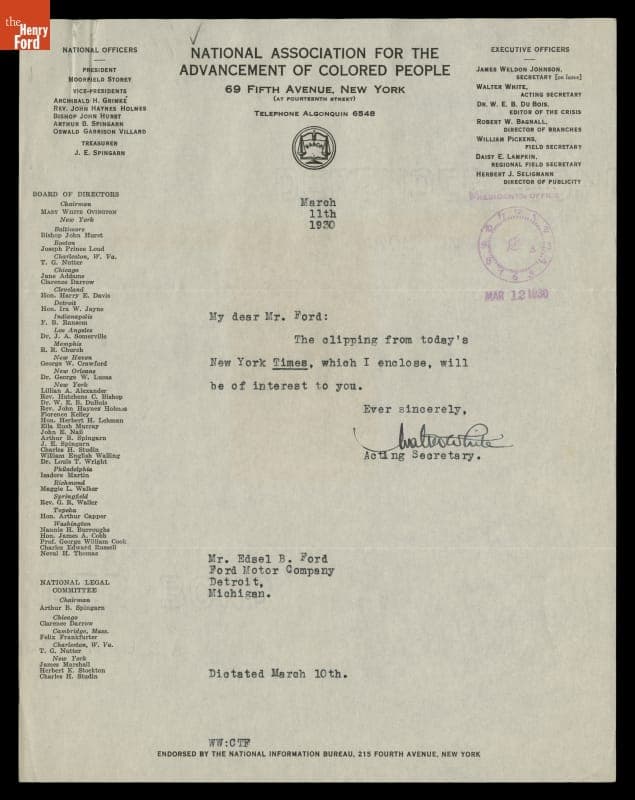 Letter from Walter White of the NAACP to Edsel Ford regarding Donations, March 10, 1930