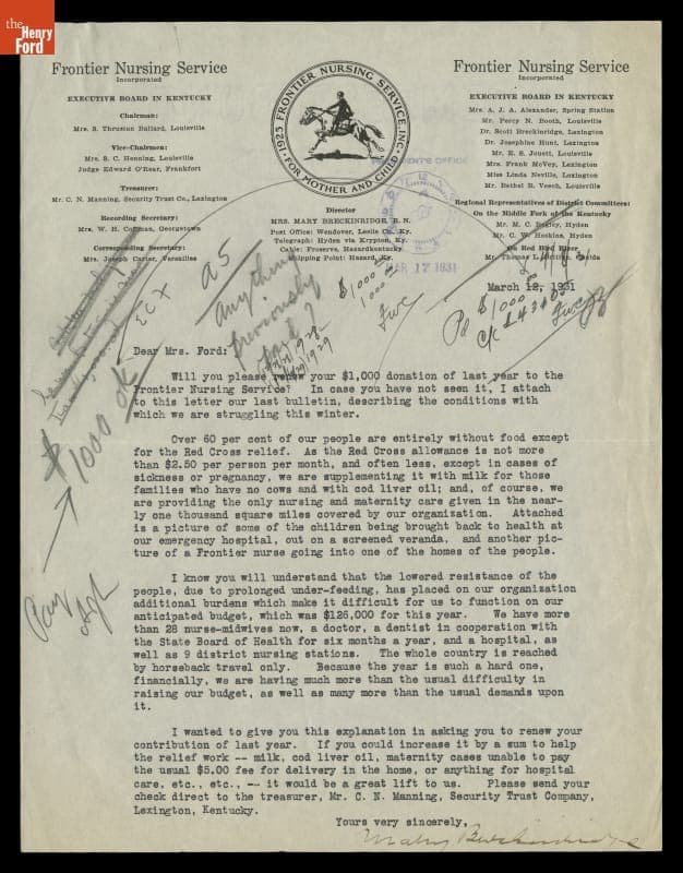 Fundraising Letter from Mary Breckinridge, Frontier Nursing Service, to Eleanor Ford, March 12, 1931