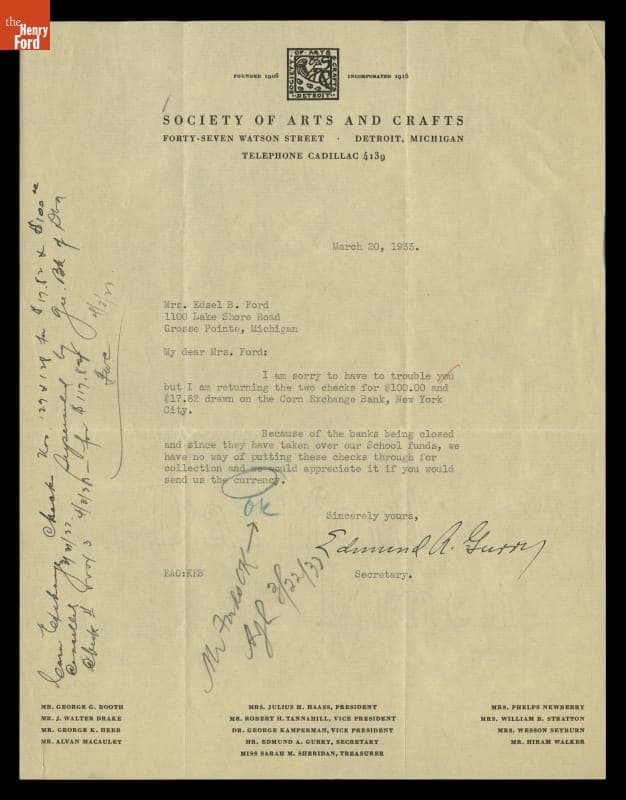 Letter to Eleanor Clay Ford regarding Donation to Society of Arts and Crafts, March 20, 1933