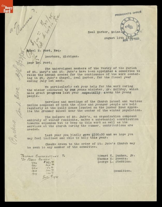 Letter to Edsel Ford Requesting Donation to the Parish of St. Mary's and St. Jude's, Seal Harbor, Maine, August 15, 1935