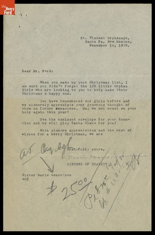 Letter from Sister Marie Genevieve to Edsel Ford regarding St. Vincent Orphanage, December 16, 1935