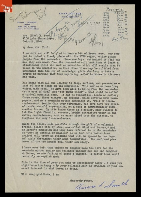 Fundraising Letter from Anna L. Smith, Berea College, to Eleanor Ford, April 2, 1937