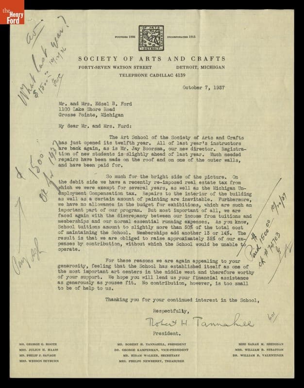 Fundraising Letter from Robert H. Tannahill, Society of Arts and Crafts, to Edsel and Eleanor Ford, October 7, 1937