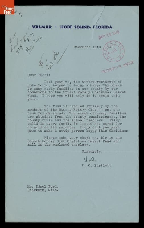 Fundraising Letter from V. C. Bartlett, Stuart Rotary Club Christmas Fund, to Edsel Ford, December 12, 1940