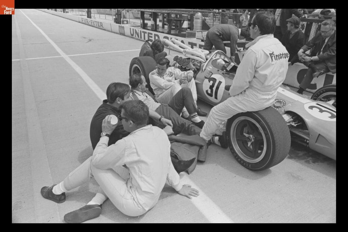 Jim Clark and Crew with Lotus-Ford Race Car at Indianapolis Motor Speedway, May 1967