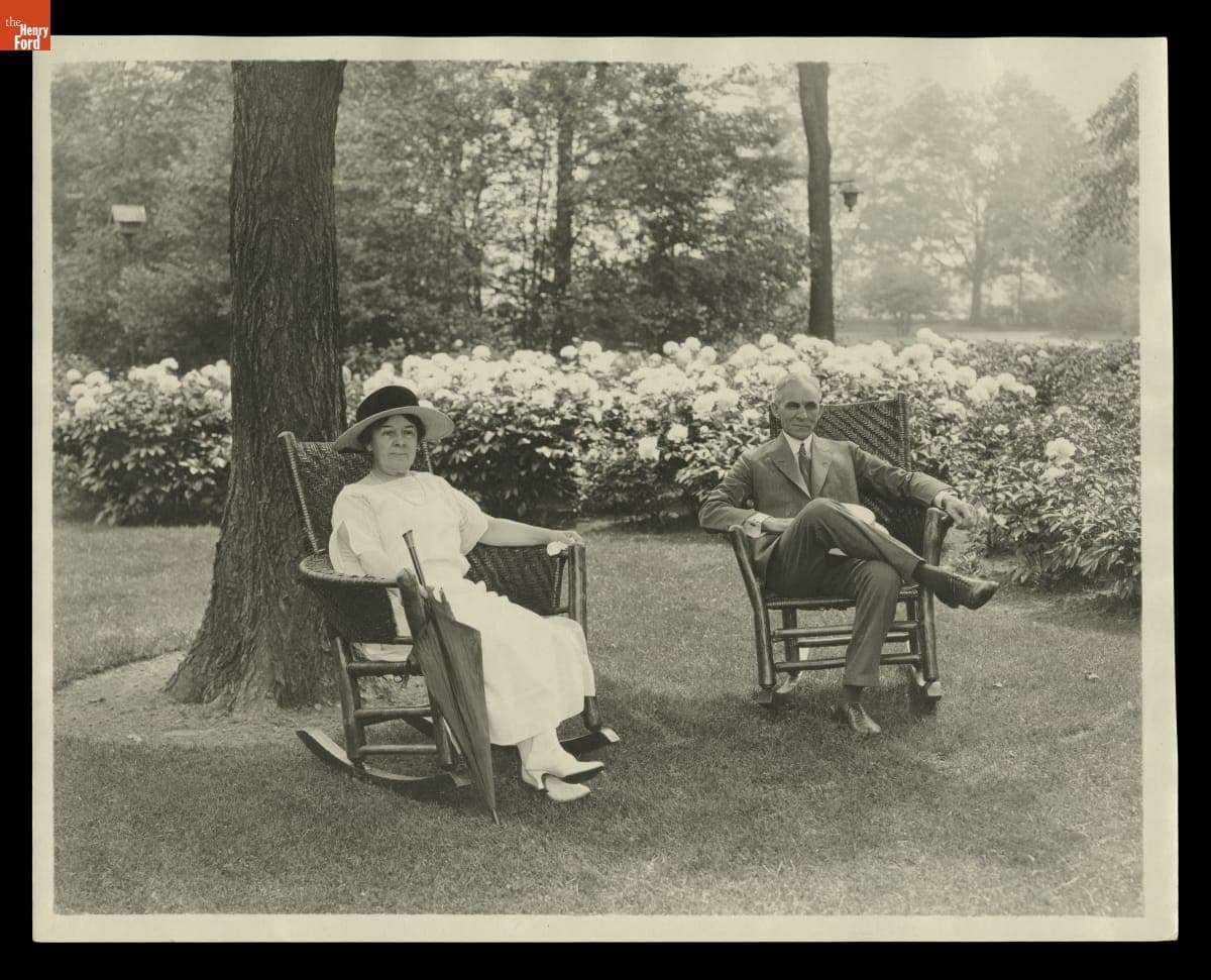 Clara Ford and Henry Ford in the Peony Garden at Fair Lane, Dearborn, Michigan, 1923